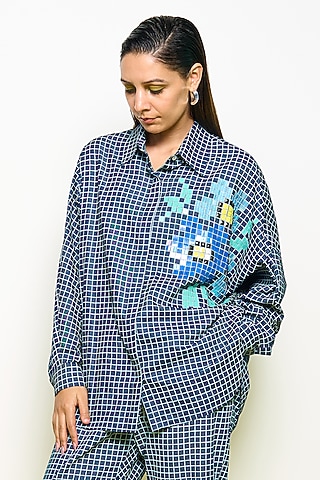 Blue Denim Hand Embroidered Kimono Shirt by POOJA RAJGARHIA GUPTA