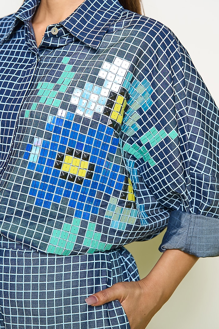 Blue Denim Hand Embroidered Kimono Shirt by POOJA RAJGARHIA GUPTA at Pernia's Pop Up Shop