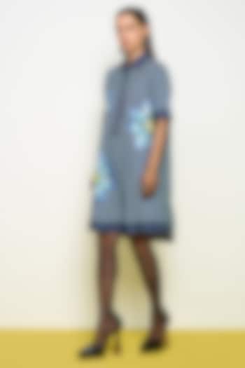 Blue Denim Hand Embroidered Knee-Length Dress by POOJA RAJGARHIA GUPTA