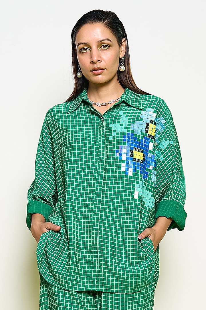 Green Double Georgette Hand Embroidered Kimono Shirt by POOJA RAJGARHIA GUPTA