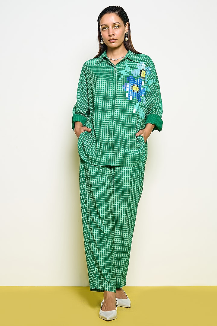 Green Double Georgette Hand Embroidered Kimono Shirt by POOJA RAJGARHIA GUPTA at Pernia's Pop Up Shop
