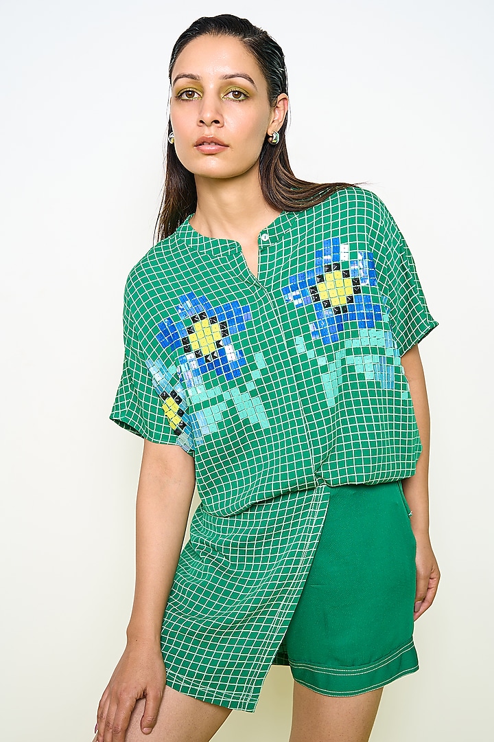 Green Double Georgette Hand Embroidered Shirt by POOJA RAJGARHIA GUPTA