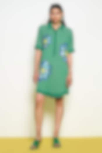 Green Double Georgette Hand Embroidered Knee-Length Dress by POOJA RAJGARHIA GUPTA at Pernia's Pop Up Shop