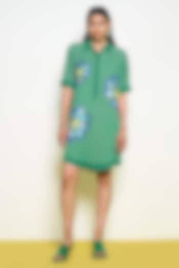 Green Double Georgette Hand Embroidered Knee-Length Dress by POOJA RAJGARHIA GUPTA