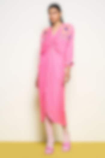 Pink Crepe Hand Embroidered Midi Dress by POOJA RAJGARHIA GUPTA