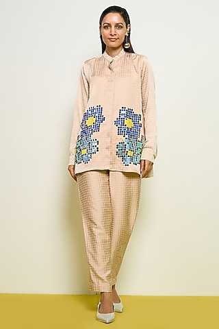 Nude Satin Hand Embroidered Shirt by POOJA RAJGARHIA GUPTA