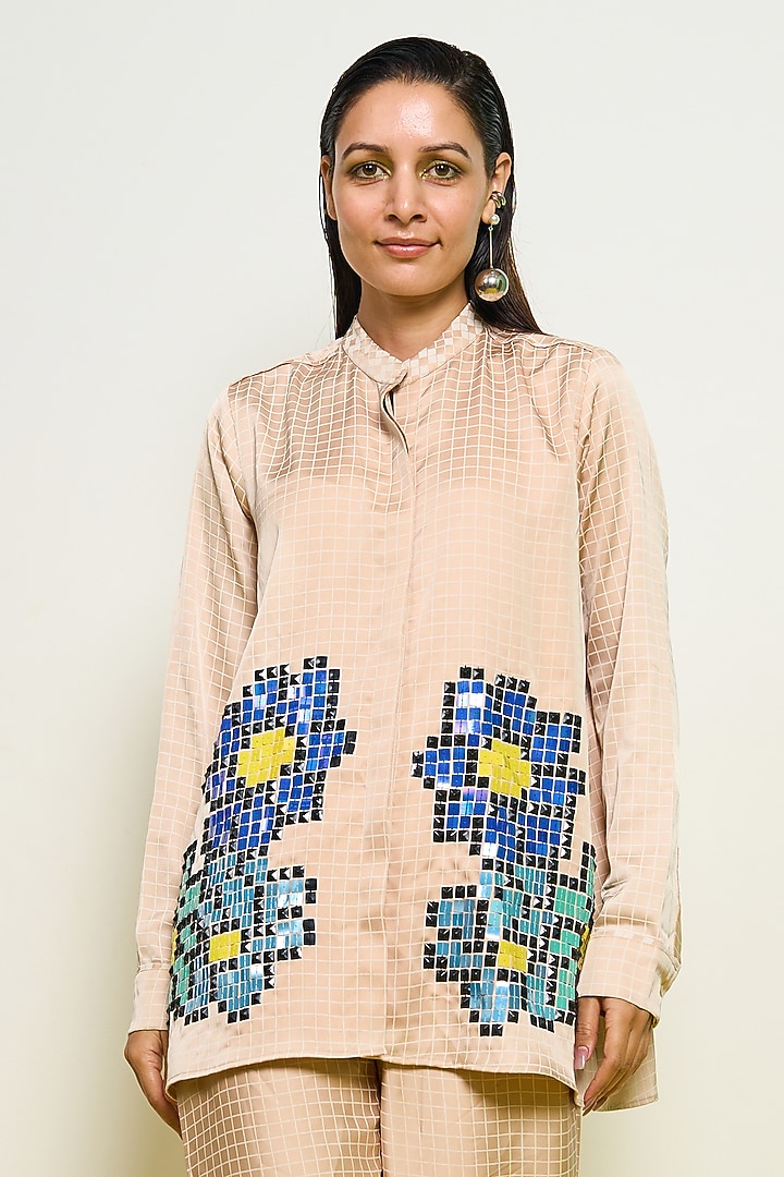 Nude Satin Hand Embroidered Shirt by POOJA RAJGARHIA GUPTA at Pernia's Pop Up Shop