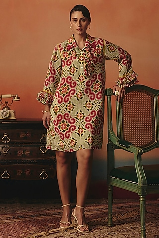 Off-White Pure Crepe Digital Printed Frilled Dress by POOJA RAJGARHIA GUPTA