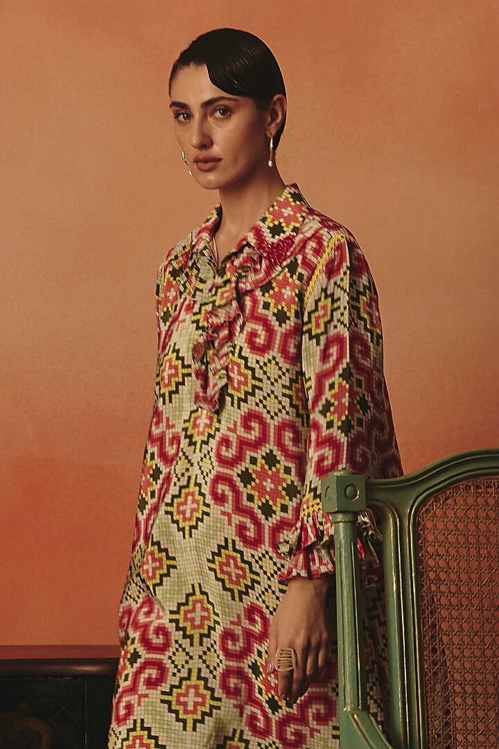 Off-White Pure Crepe Digital Printed Frilled Summer Dress by POOJA RAJGARHIA GUPTA at Pernia's Pop Up Shop