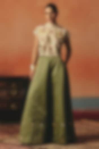 Olive Green Pure Crepe & Satin Sequin Work Skirt Set by POOJA RAJGARHIA GUPTA at Pernia's Pop Up Shop