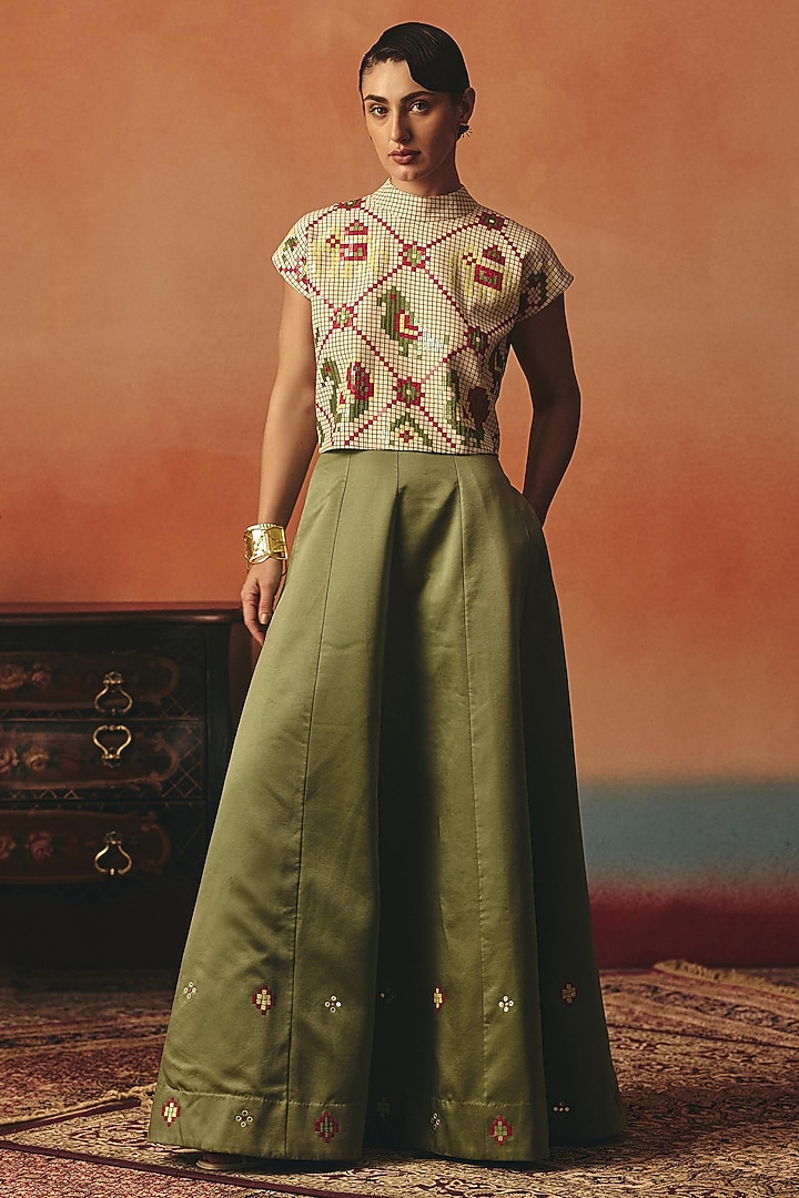 Olive Green Pure Crepe & Satin Sequin Work Skirt Set by POOJA RAJGARHIA GUPTA at Pernia's Pop Up Shop