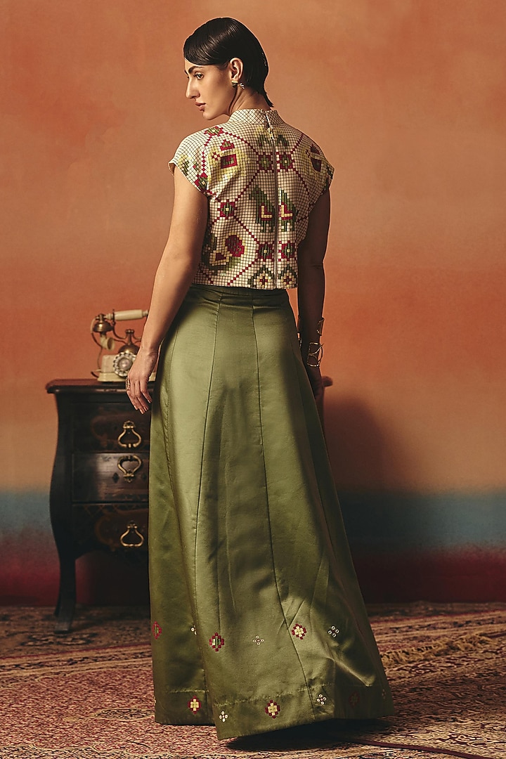 Olive Green Pure Crepe & Satin Sequin Work Skirt Set by POOJA RAJGARHIA GUPTA at Pernia's Pop Up Shop