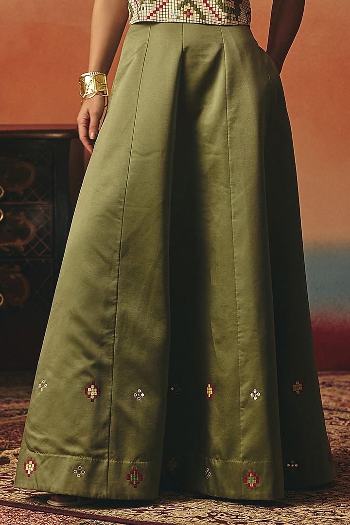 Olive Green Pure Crepe & Satin Sequin Work Skirt Set by POOJA RAJGARHIA GUPTA at Pernia's Pop Up Shop