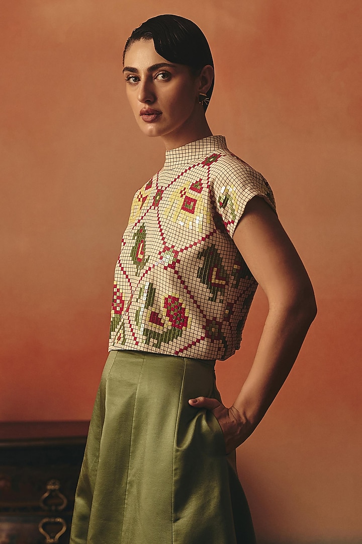 Olive Green Pure Crepe & Satin Sequin Work Skirt Set by POOJA RAJGARHIA GUPTA at Pernia's Pop Up Shop