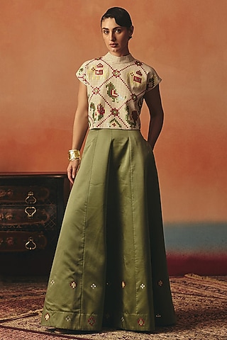 Beige Pure Crepe Embroidered Crop Top by POOJA RAJGARHIA GUPTA