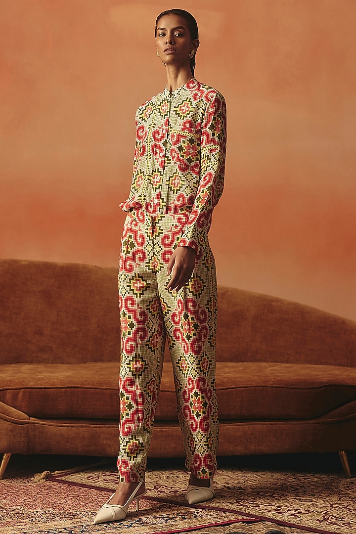 Multi-Colored Pure Crepe Ikat Pants by POOJA RAJGARHIA GUPTA at Pernia's Pop Up Shop