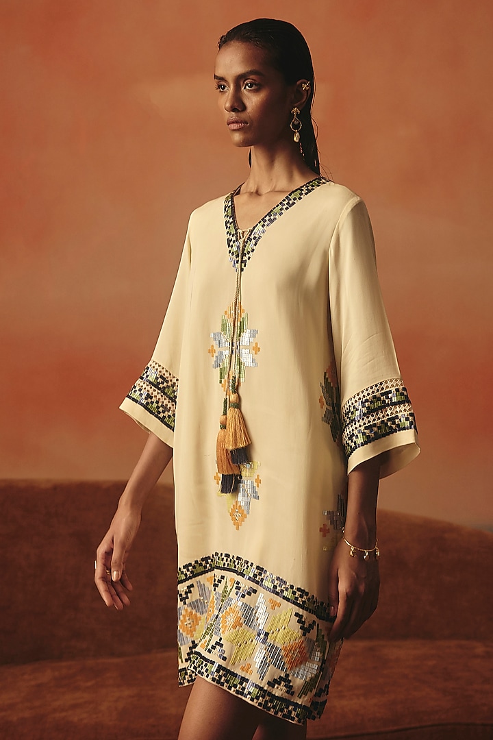 Off-White Pure Georgette Ikat Vacation Dress by POOJA RAJGARHIA GUPTA at Pernia's Pop Up Shop