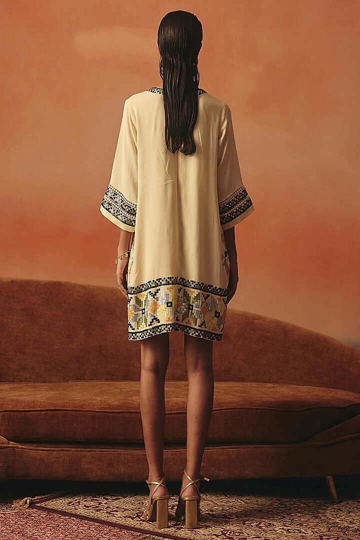 Off-White Pure Georgette Ikat Vacation Dress by POOJA RAJGARHIA GUPTA at Pernia's Pop Up Shop