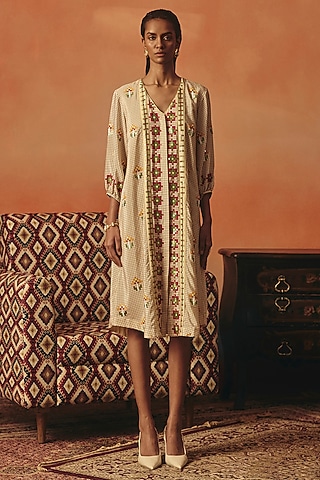 Beige Pure Crepe Sequin Embroidered Dress by POOJA RAJGARHIA GUPTA