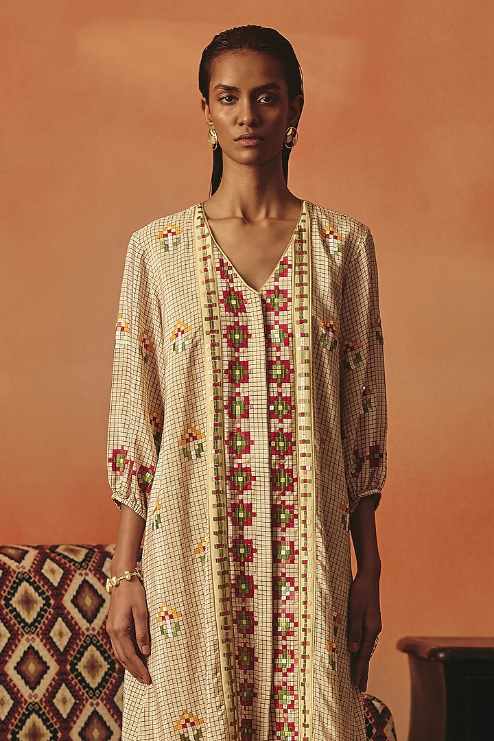 Beige Pure Crepe Sequin Embroidered Vacation Dress by POOJA RAJGARHIA GUPTA at Pernia's Pop Up Shop