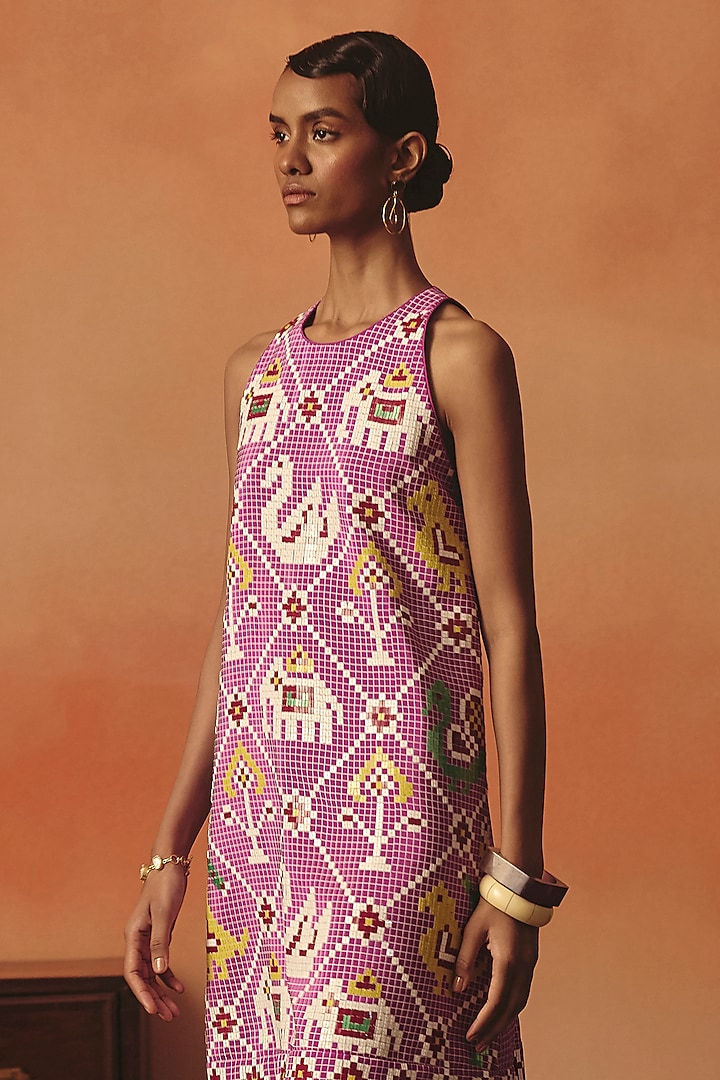 Magenta Pure Crepe Ikat Vacation Dress by POOJA RAJGARHIA GUPTA at Pernia's Pop Up Shop