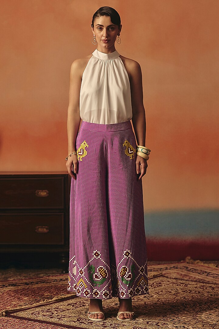Magenta Pure Crepe Ikat Pants by POOJA RAJGARHIA GUPTA at Pernia's Pop Up Shop