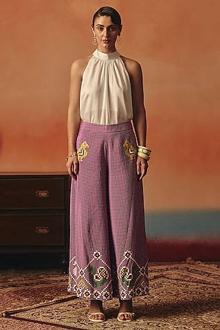 Magenta Pure Crepe Ikat Pants by POOJA RAJGARHIA GUPTA