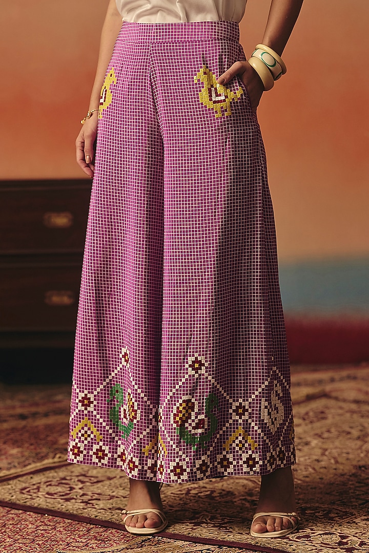 Magenta Pure Crepe Ikat Pants by POOJA RAJGARHIA GUPTA at Pernia's Pop Up Shop