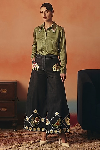 Dark Blue Denim Ikat Pants by POOJA RAJGARHIA GUPTA