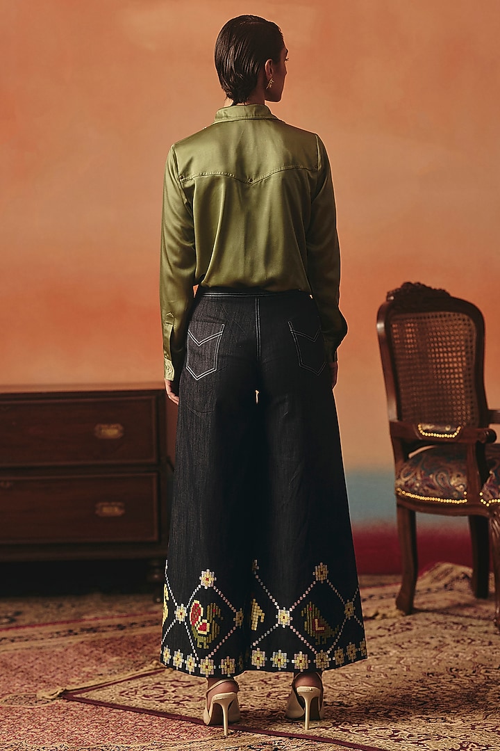 Dark Blue Denim Ikat Pants by POOJA RAJGARHIA GUPTA at Pernia's Pop Up Shop