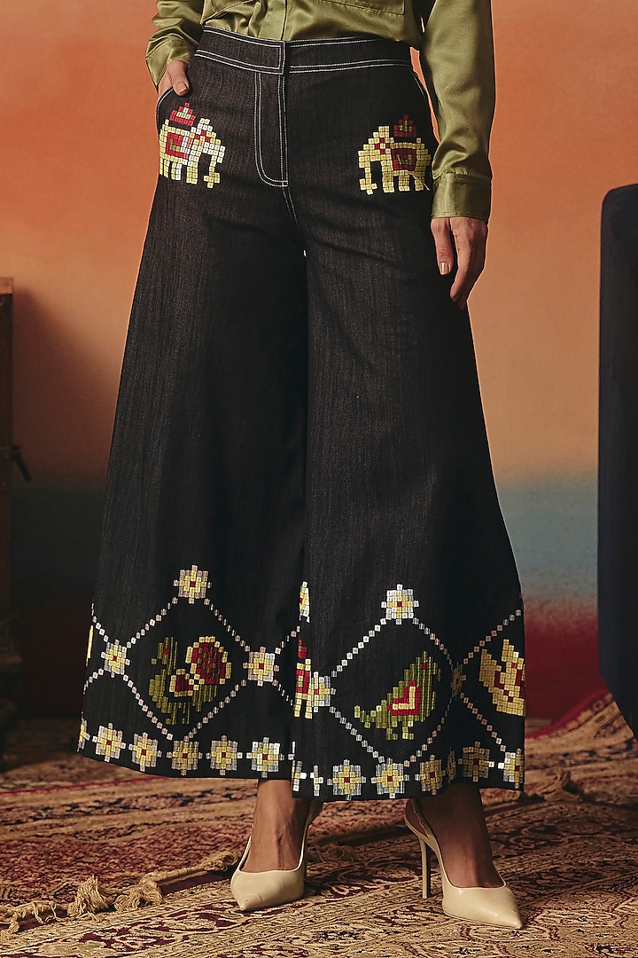 Dark Blue Denim Ikat Pants by POOJA RAJGARHIA GUPTA at Pernia's Pop Up Shop