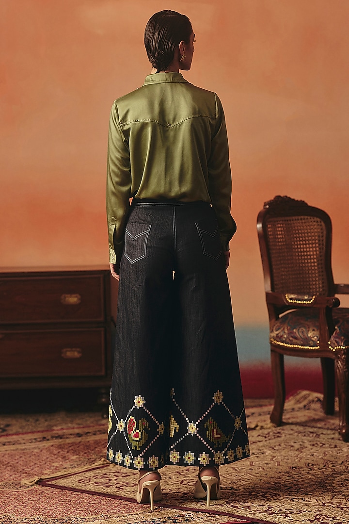 Olive Green Satin Hand Embroidered Shirt by POOJA RAJGARHIA GUPTA at Pernia's Pop Up Shop