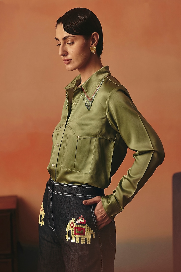 Olive Green Satin Hand Embroidered Shirt by POOJA RAJGARHIA GUPTA at Pernia's Pop Up Shop