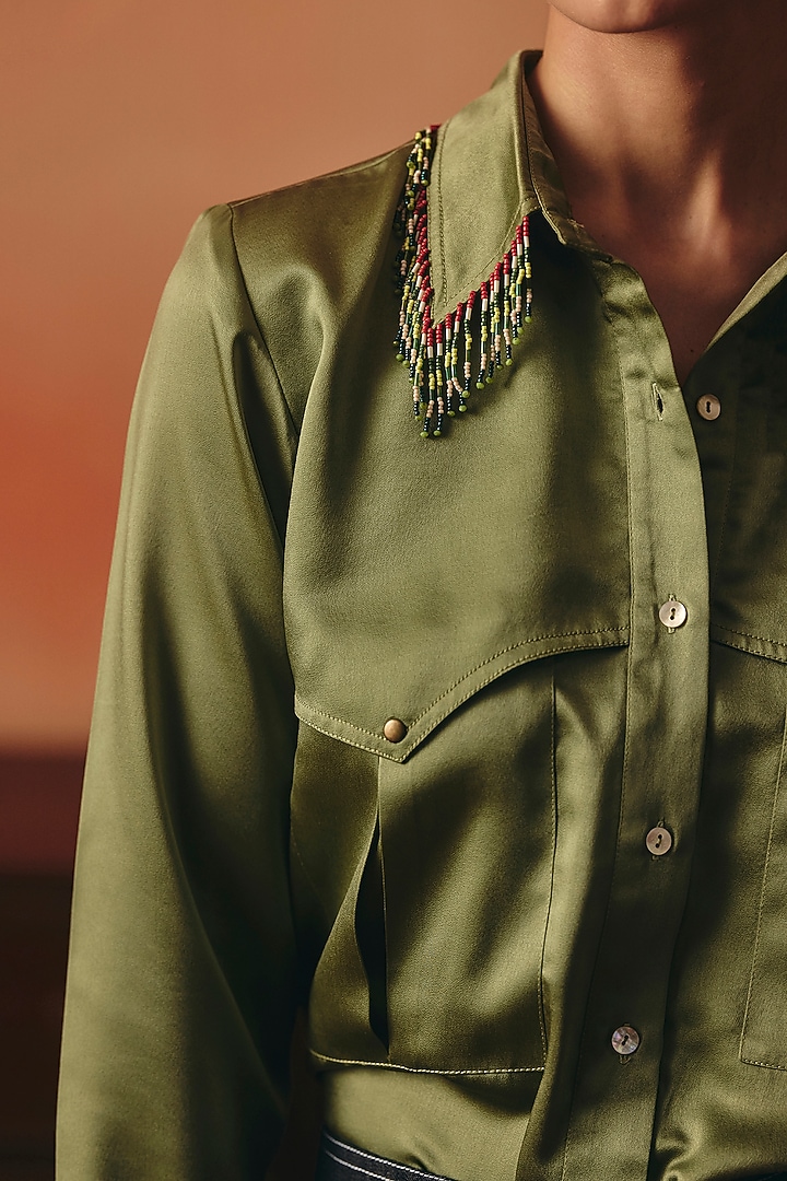 Olive Green Satin Hand Embroidered Shirt by POOJA RAJGARHIA GUPTA at Pernia's Pop Up Shop