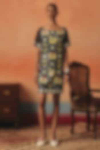 Dark Blue Soft Stretch Denim Ikat Mini Vacation Dress by POOJA RAJGARHIA GUPTA at Pernia's Pop Up Shop