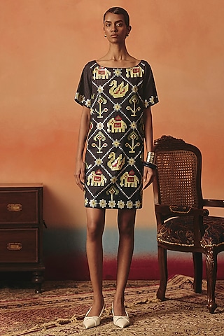Dark Blue Soft Stretch Denim Ikat Mini Dress by POOJA RAJGARHIA GUPTA