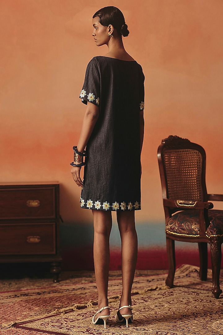 Dark Blue Soft Stretch Denim Ikat Mini Vacation Dress by POOJA RAJGARHIA GUPTA at Pernia's Pop Up Shop
