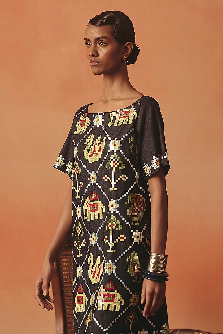 Dark Blue Soft Stretch Denim Ikat Mini Vacation Dress by POOJA RAJGARHIA GUPTA at Pernia's Pop Up Shop
