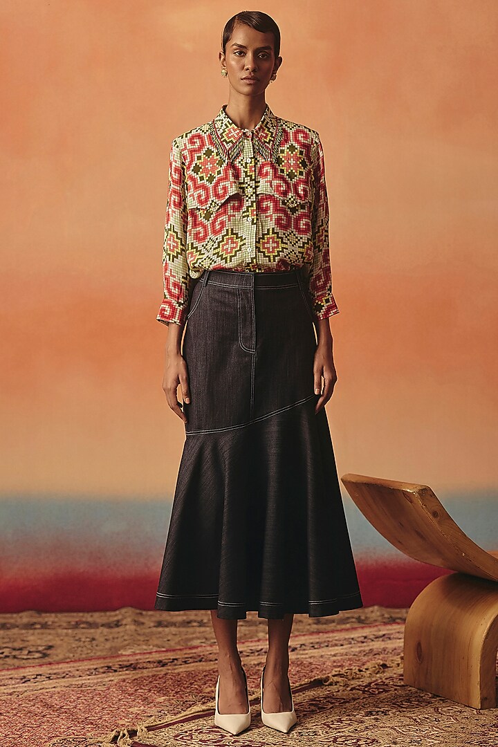 Dark Blue Denim Skirt by POOJA RAJGARHIA GUPTA at Pernia's Pop Up Shop