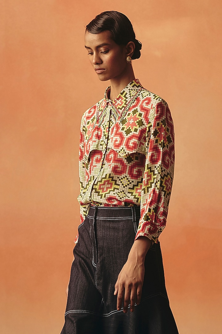 Multi-Colored Pure Crepe Digital Printed Shirt by POOJA RAJGARHIA GUPTA at Pernia's Pop Up Shop