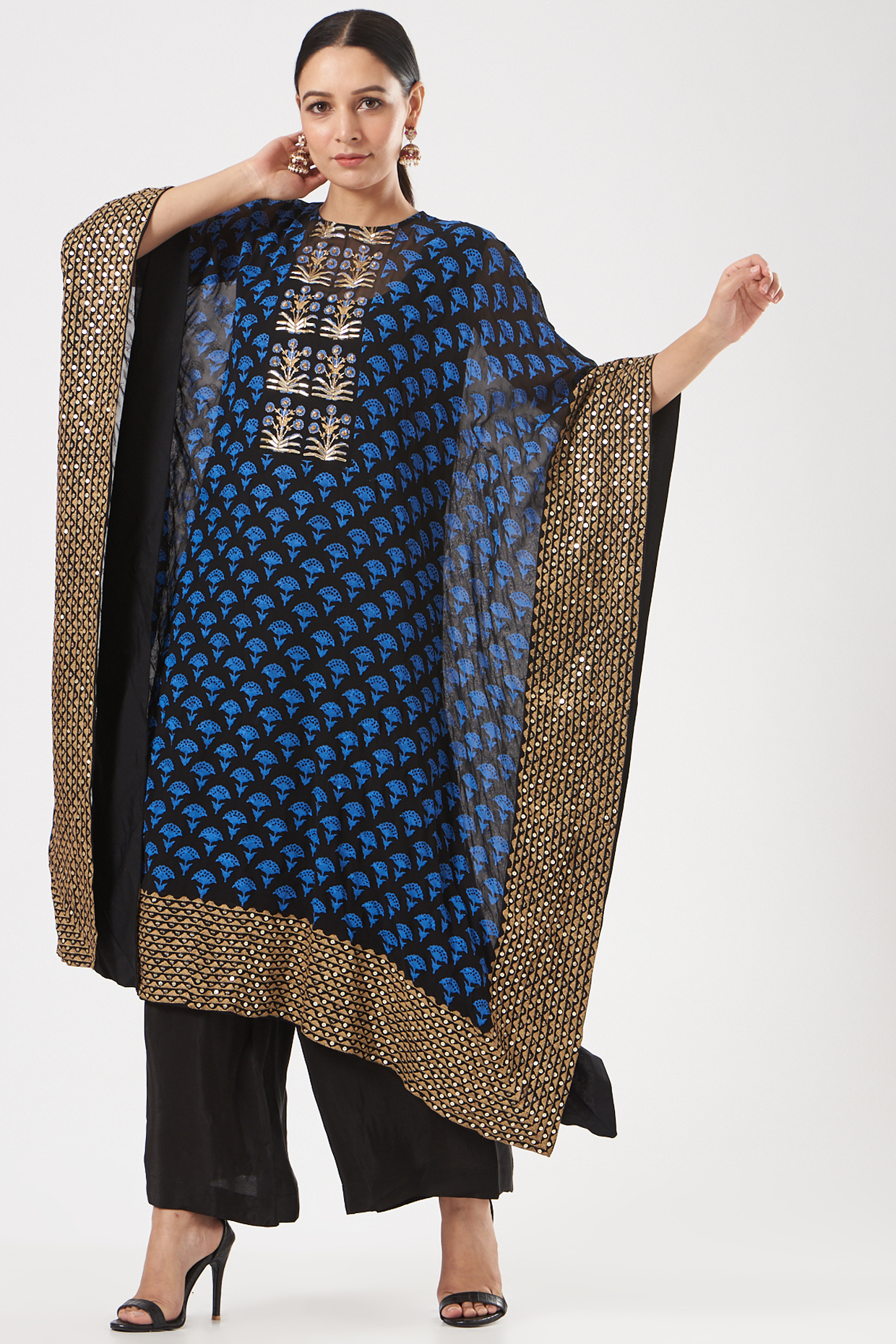 Blue Block Printed Kaftan Set by POOJA RAJGARHIA GUPTA at Pernia's Pop Up Shop
