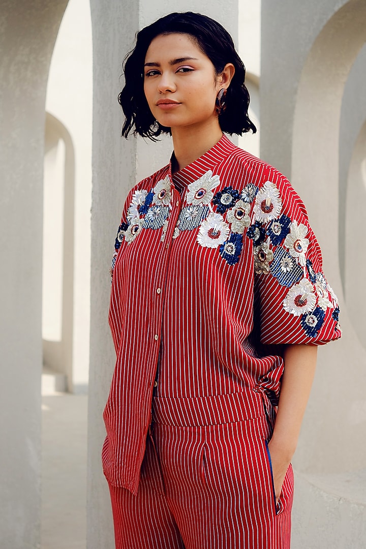 Red Crepe Floral Embroidered Kimono Shirt by POOJA RAJGARHIA GUPTA at Pernia's Pop Up Shop