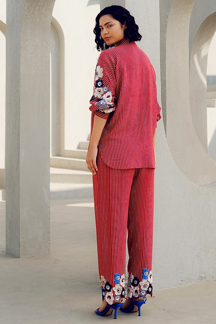 Red Crepe Floral Embroidered Kimono Shirt by POOJA RAJGARHIA GUPTA at Pernia's Pop Up Shop