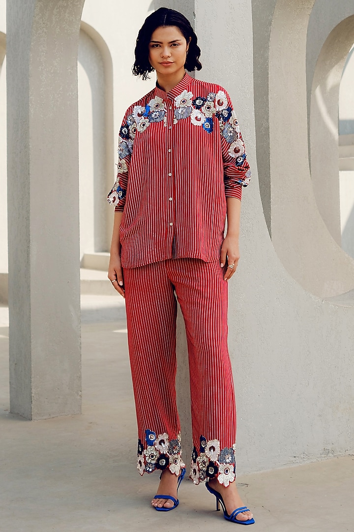 Red Crepe Floral Embroidered Kimono Shirt by POOJA RAJGARHIA GUPTA at Pernia's Pop Up Shop