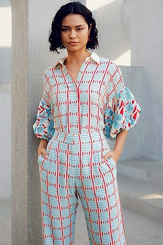 Off-White Double Georgette Floral Printed Balloon Shirt by POOJA RAJGARHIA GUPTA