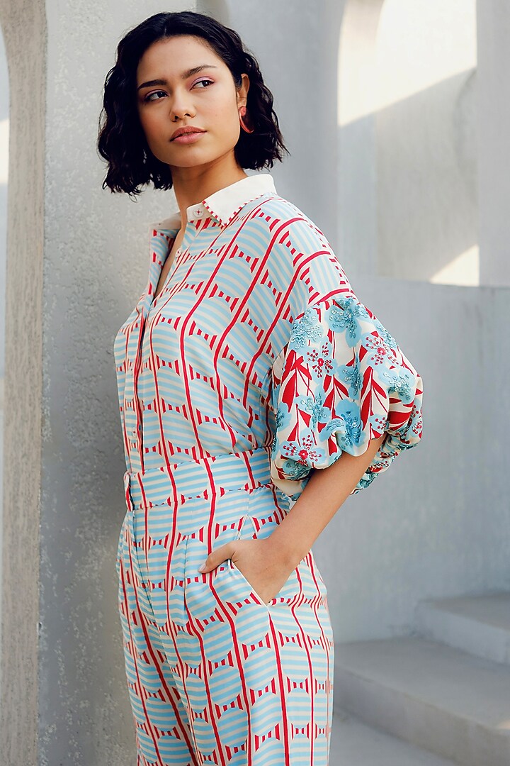 Off-White Double Georgette Floral Printed Balloon Shirt by POOJA RAJGARHIA GUPTA at Pernia's Pop Up Shop