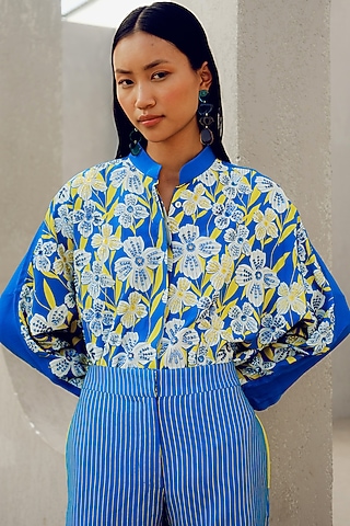 Blue Double Georgette Floral Printed Kimono Shirt by POOJA RAJGARHIA GUPTA