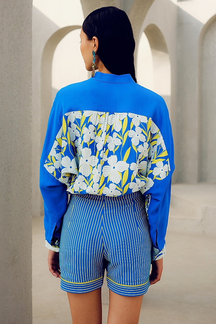 Blue Double Georgette Floral Printed Kimono Shirt by POOJA RAJGARHIA GUPTA at Pernia's Pop Up Shop