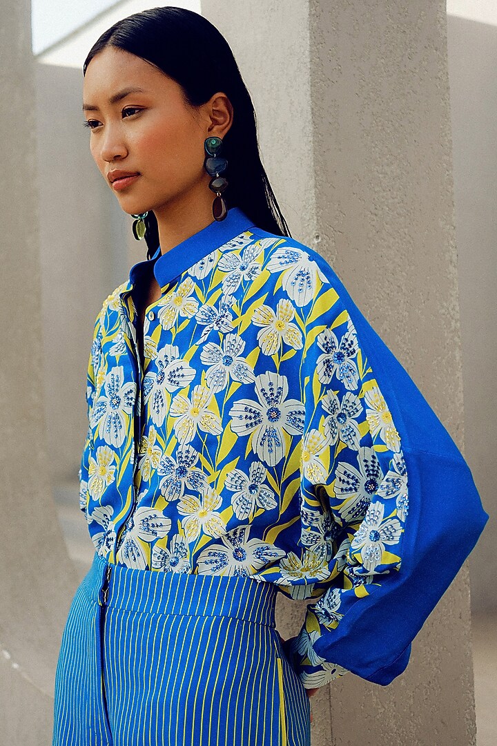 Blue Double Georgette Floral Printed Kimono Shirt by POOJA RAJGARHIA GUPTA at Pernia's Pop Up Shop