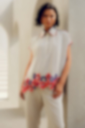 Off-White Crepe Floral Embroidered Shirt by POOJA RAJGARHIA GUPTA at Pernia's Pop Up Shop